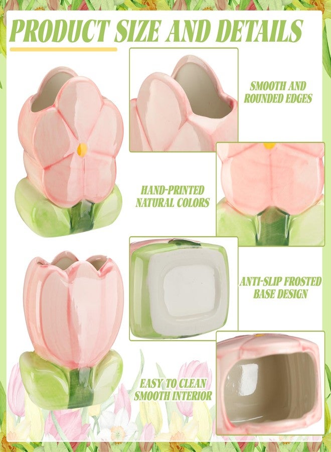 Ninehaoou 2 Pcs Pink Flower Ceramic Pen Holder Cute Tulip Pencil Holder Aesthetic Flower Makeup Brush Vase Decorative Desktop Organizer Birthday Gift for Women Office Home Wedding Party Decor - Image 2